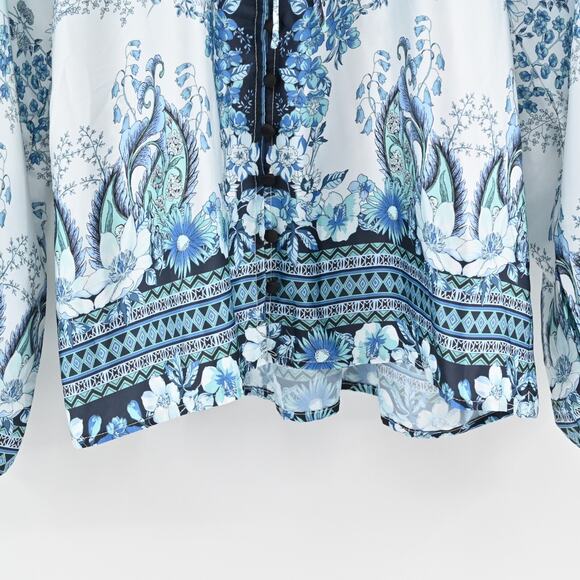 FATE Womens Billow Sleeve Blouse Top Sz S Blue Floral Tie Neck Button Boho Retro - Picture 10 of 12